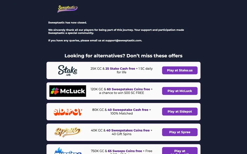 Sweeptastic Casino homepage