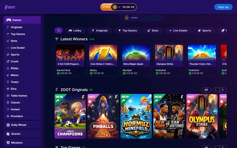 Zoot Casino homepage